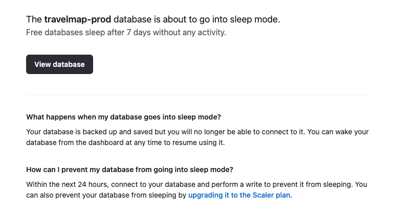 Email from Planetscale warning about a database going into sleep mode