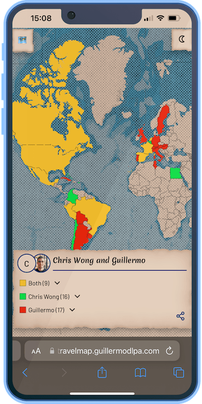 Screenshot of map of visited countries with Travelmap
