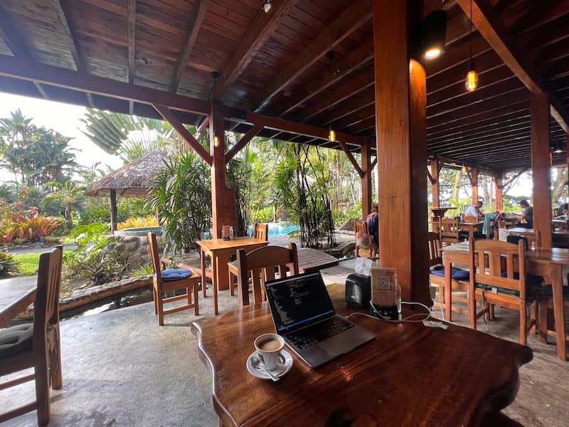 Working from the restaurant at Hotel Banana Azul near Puerto Viejo