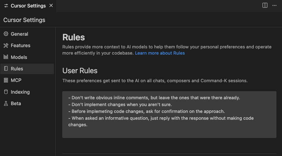 Screenshot of Cursor with user rules